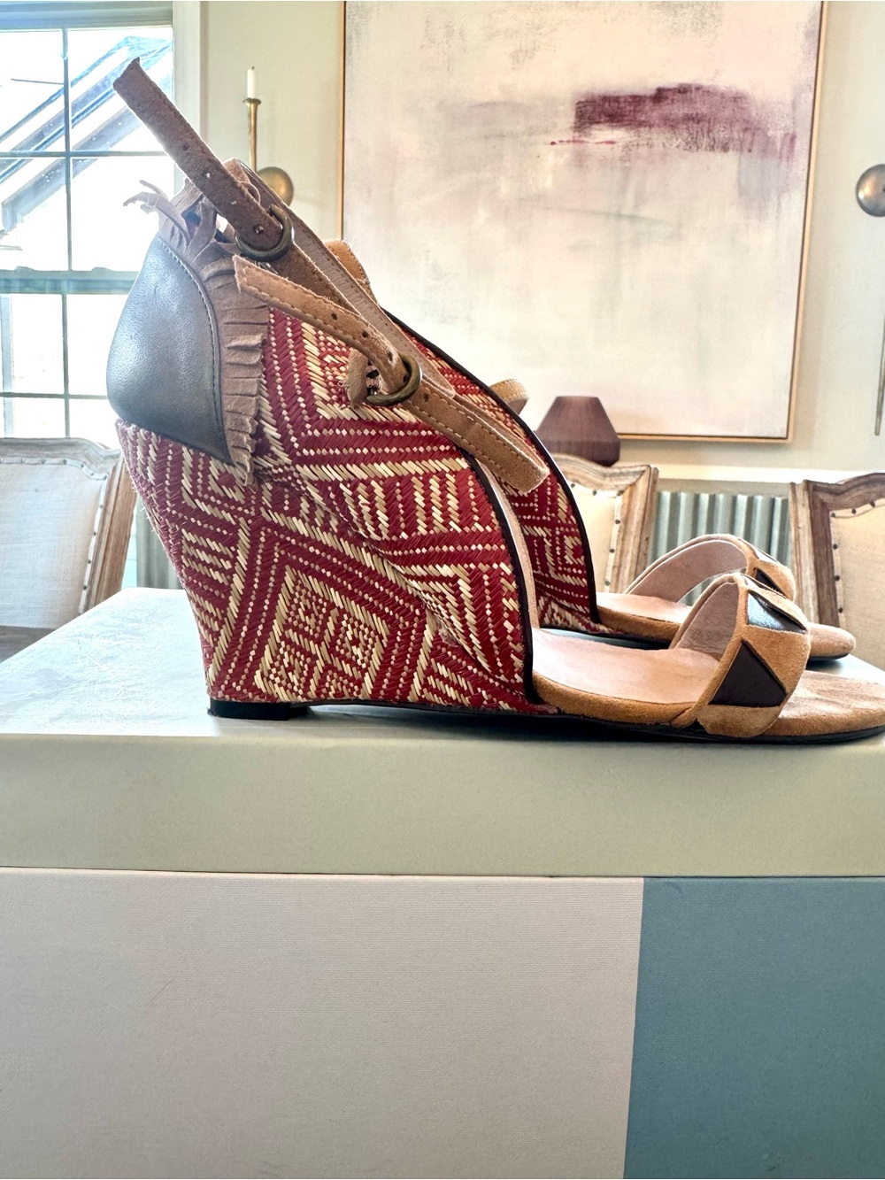 Anthropologie Farylrobin Red Patterned Wedge Sandals with Tan Straps